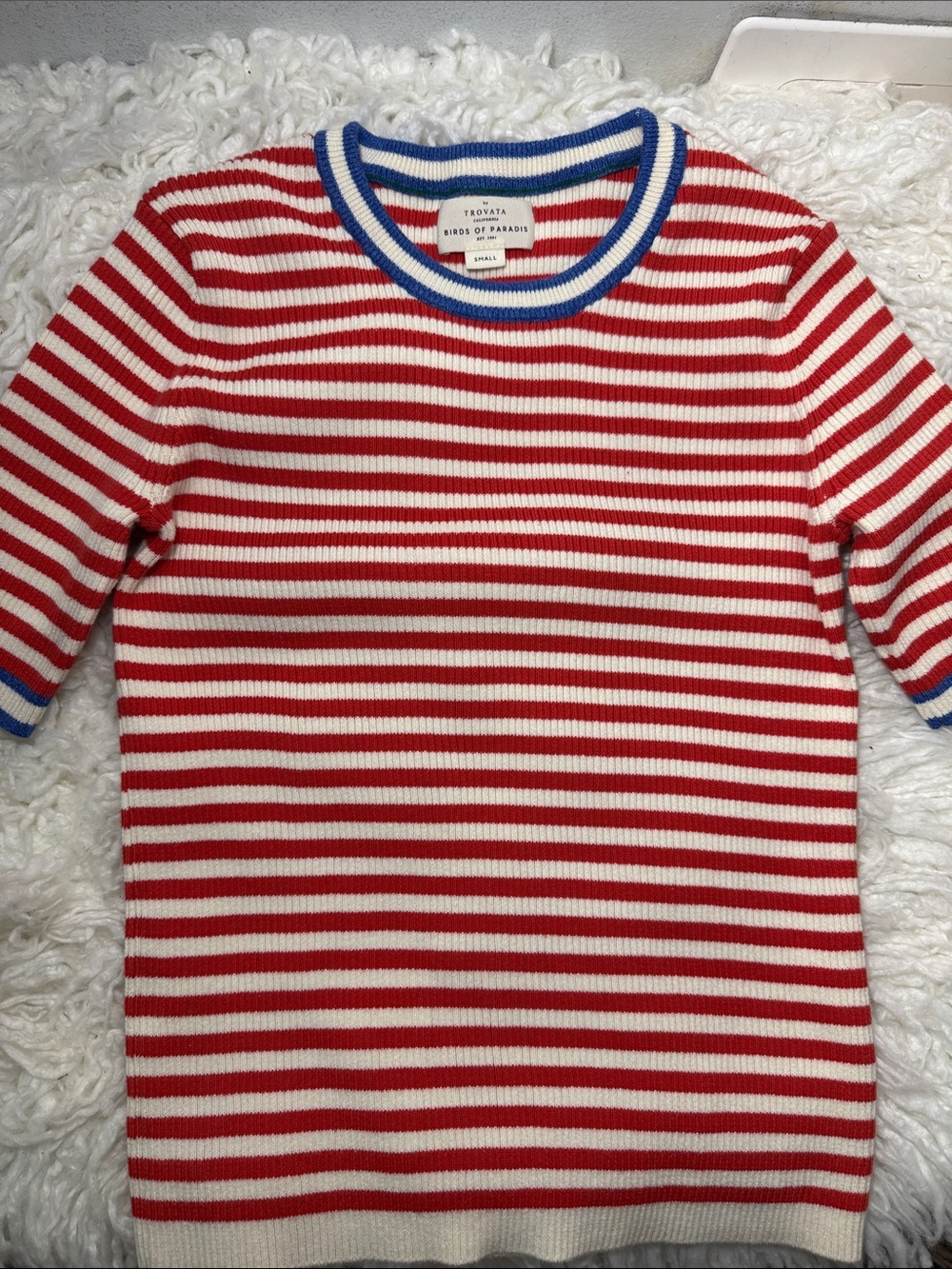 Trovata Red & White Striped Knit Top with Blue Trim small